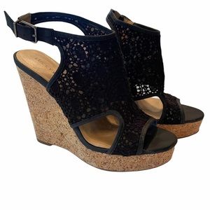 Lucky Brand Raziah Black Lace Cork Wedge Sandal